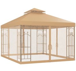 Outsunny 10' x 12' Patio Gazebo with Corner Frame Shelves, Double Roof Outdoor Gazebo Canopy Shelter with Netting, Brown