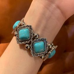 Turquoise - Inlaid Vintage Silver - Tone Bracelet