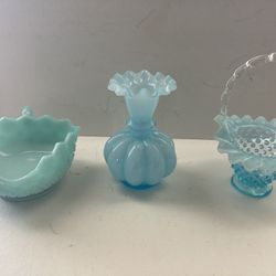 Antique Lot of 3 Fenton Blue Opalescent Decorative Art Glasses, basket, vase & bowl