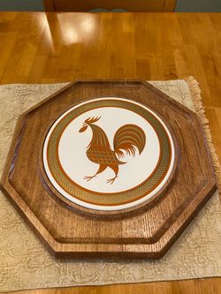 MCM vintage 1970s Teak wood & ceramic cheese/ charcuterie board with rooster design in gold & orange