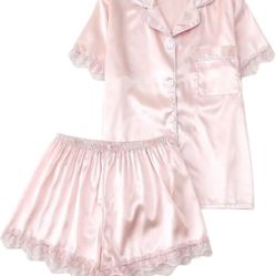 Women's Satin Pajama Set 2 Piece Casual Pajama Pants Shorts Matching Summer Pajama Button Down Shirt Shorts