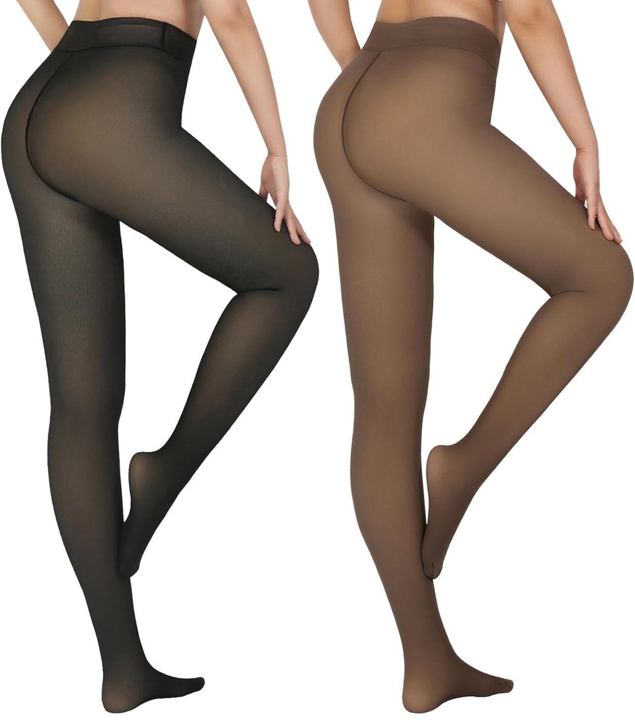 2 Pairs Fleece Lined Tights Women-Thermal Pantyhose leggings Women,Fake Translucent Skin Colored Tights for Winter（medium tall）