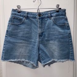 High Waist Blue Denim Frayed Hem Shorts