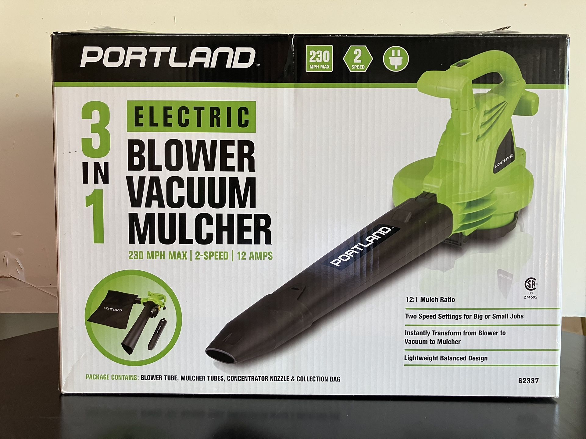 PORTLAND 3 in 1 Electric Blower Vacuum Mulcher 230 MPH Max 2 Speed 12 AMPS