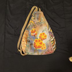 VINTAGE Hand-Painted BACKPACK Style Convertible SHOULDER BAG Wearable Art Purse

