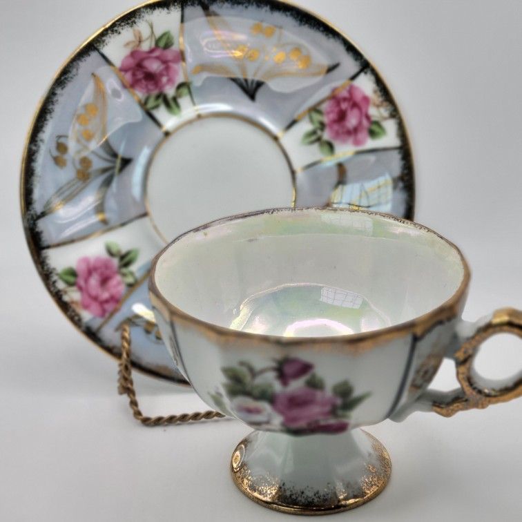 Vintage Bone China Cup & Saucer Set Rose Pattern Lusterware Interior Gold Gilt