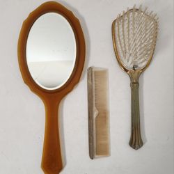 Vintage Gold & Silver Tone 1960s-1970s Womens 3 Piece Set - Nylon Brush, Hair Comb & Mirror
