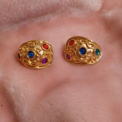 vintage EDOUARD RAMBAUD earrings, gold metal and colorful rhinestones from the 80