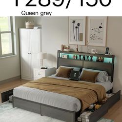 Y289🔥Queen Bed Frame with Storage Headboard and 4 Drawers, Metal Platform Bed Frame with LED Light, Charging Station, No Box Spring Needed, Noise Fre