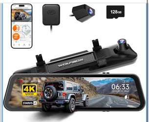 WOLFBOX G900 PRO Mirror Dash Cam with 8MP STARVIS IMX678, 12 inches Rear View Mirror Camera with Front 4K and Rear 2.5K, Included 128GB Card, Voice Co