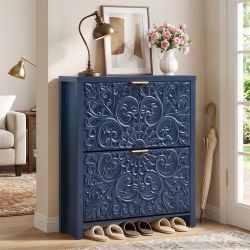 2-Tier Hidden Narrow Shoe Cabinet with Flip Drawers and Carved Floral