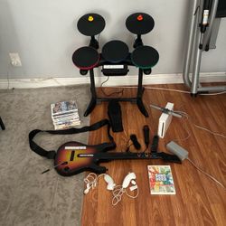Nintendo Wii Bundle with Band Hero Set guitar, drums, mic, Wii console, games, Tested Works