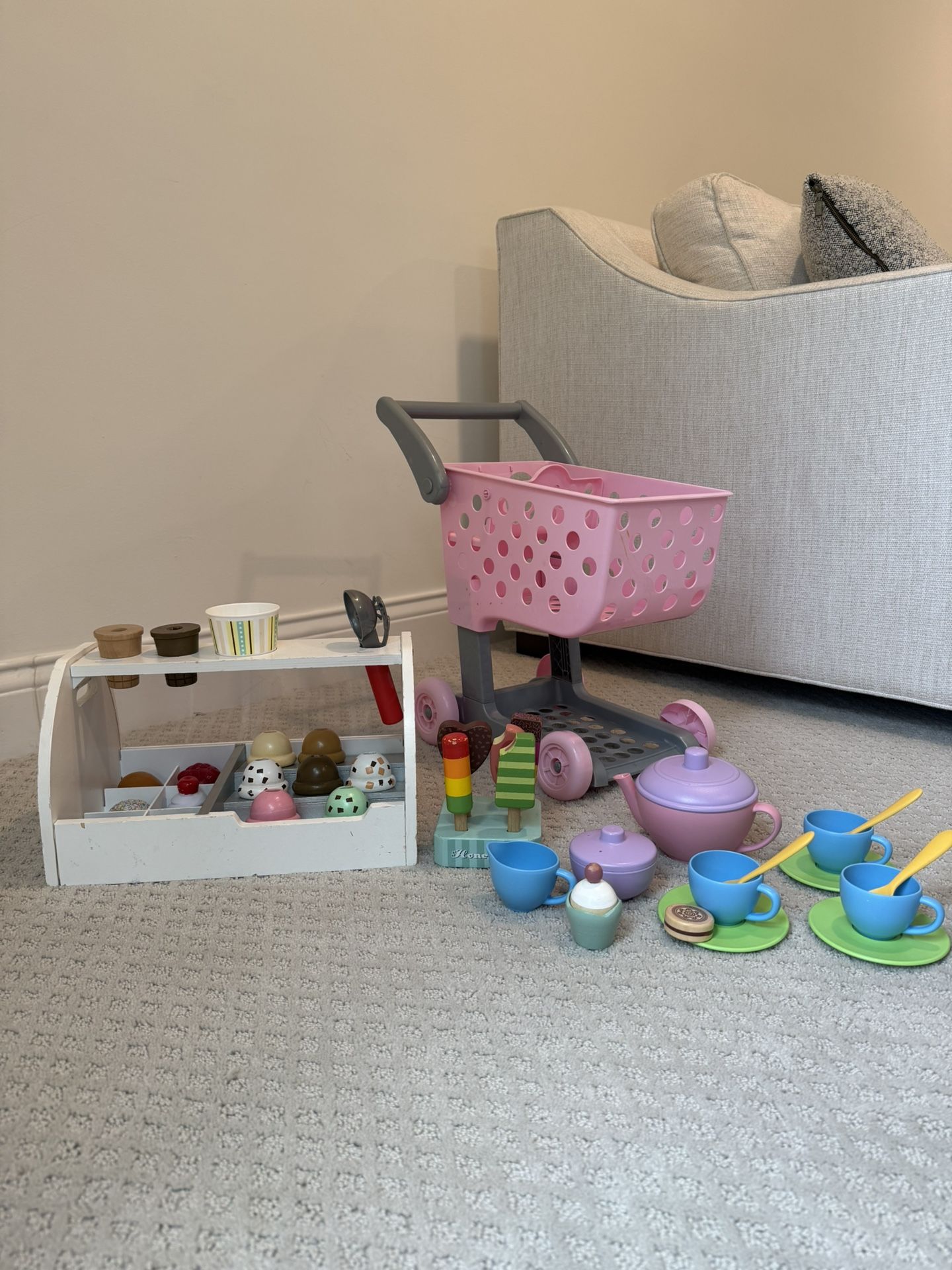 Melissa And Doug Ice Cream Counter, Plan Toys Tea Party Set And Wooden Popsicles