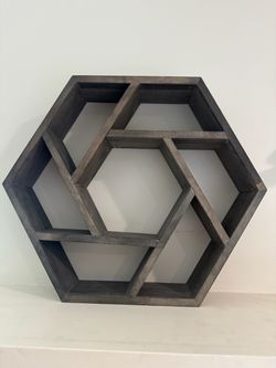 Geometric Wood Hexagon Wall Shelf – Dark Rustic Stain Greyish-Brown (Medium Size) - NEW !