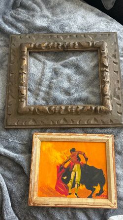 Vintage Signed Matador Bullfight Painting with Large Hand-Carved Wood Frame