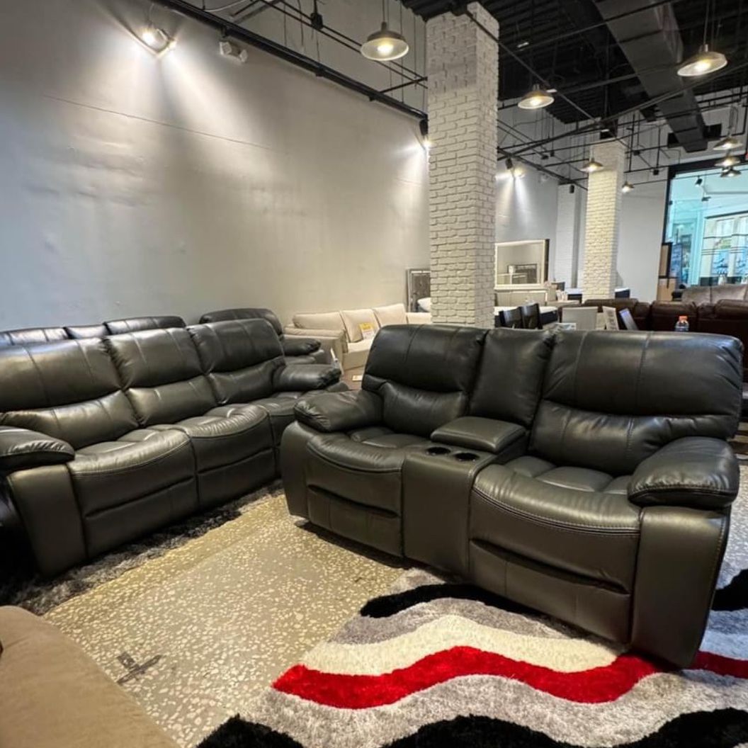 Spring Sale Event! Madrid, Gray Leather Reclining Sofa And Loveseat Now Only $899. Easy Finance Option. Same-Day Delivery.