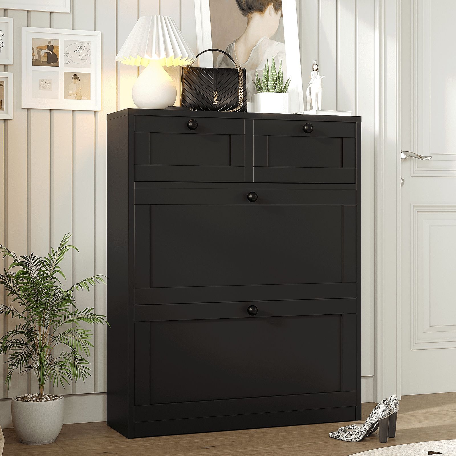 Black Shoe Cabinet with 2 Flip Drawers,Shoe Racks Storage Cabinet with 2 Drawers for Entryway