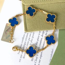 Van Cleef Arpels Vintage Alhambra 18K Yellow Gold 5 Motif Blue Agate Bracelet