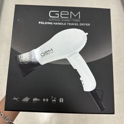 New In Box GEM Folding Handle Travel Hair Blow Dryer 1200W, White, Pro, 6 1/2 “