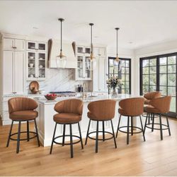 (Set of 6)26 in. Brown Faux Leather Metal Frame Upholstered Counter Height Swivel Bar Stool