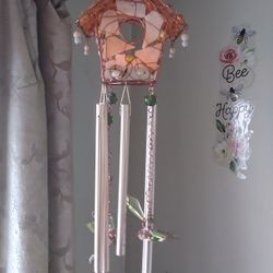 Beautiful Stone Light Up Birdhouse Tea Light Candle Holder w/Hanging Jeweled Dragonflies Wind Chime.