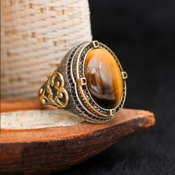 Men's Vintage Turkish Brown Tiger Eye Onyx Silver Ring