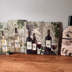 Wine Art Canvas Set + Wall Bottle Rack – Rustic Vineyard Decor