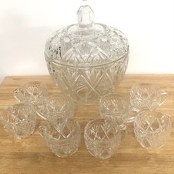 Vintage Mikasa Roxborough Crystal Cut Glass Punch Bowl with Lid and 8 Cups- made in Germany