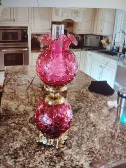 Fenton Cranberry Glass "Gone with the Wind" Style Lamp with Spanish Lace Design