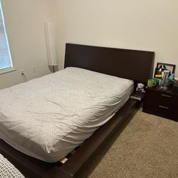 Brown Queen Bed Frame, Matrress And Nightstand