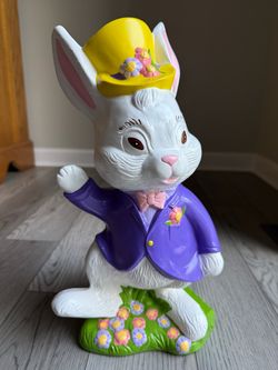 Vintage Hand-Painted Ceramic Easter Bunny Figurine In Purple Suit 15” Tall