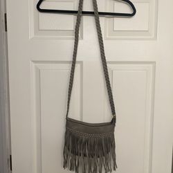 Gray Faux Leather Small Cross Body Fringe Purse/ Bag