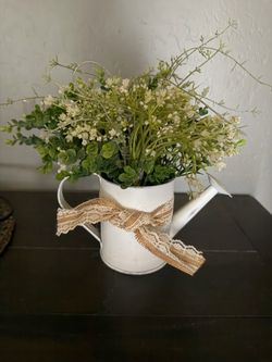 White Metal Watering Can with Faux Greenery