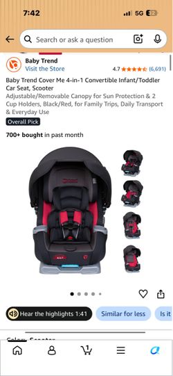 Baby Trend Cover Me 4-in-1 Convertible Infant/Toddler Car Seat, Scooter Adjustable/Removable Canopy for Sun Protection & 2 Cup Holders, Black/Red, for