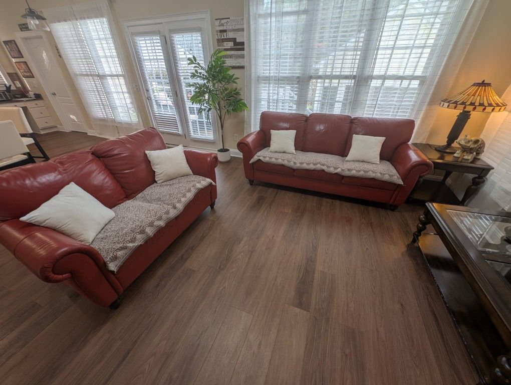 Red Leather Sofa Set – Great Condition (Front) / Wear on Back