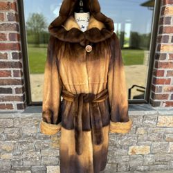EU 38 Genuine Mink Fur Hooded Trench Coat Belted Manzari Milano Real Fur