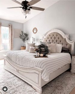 White Wood King Bed Frame with Tufted Headboard
