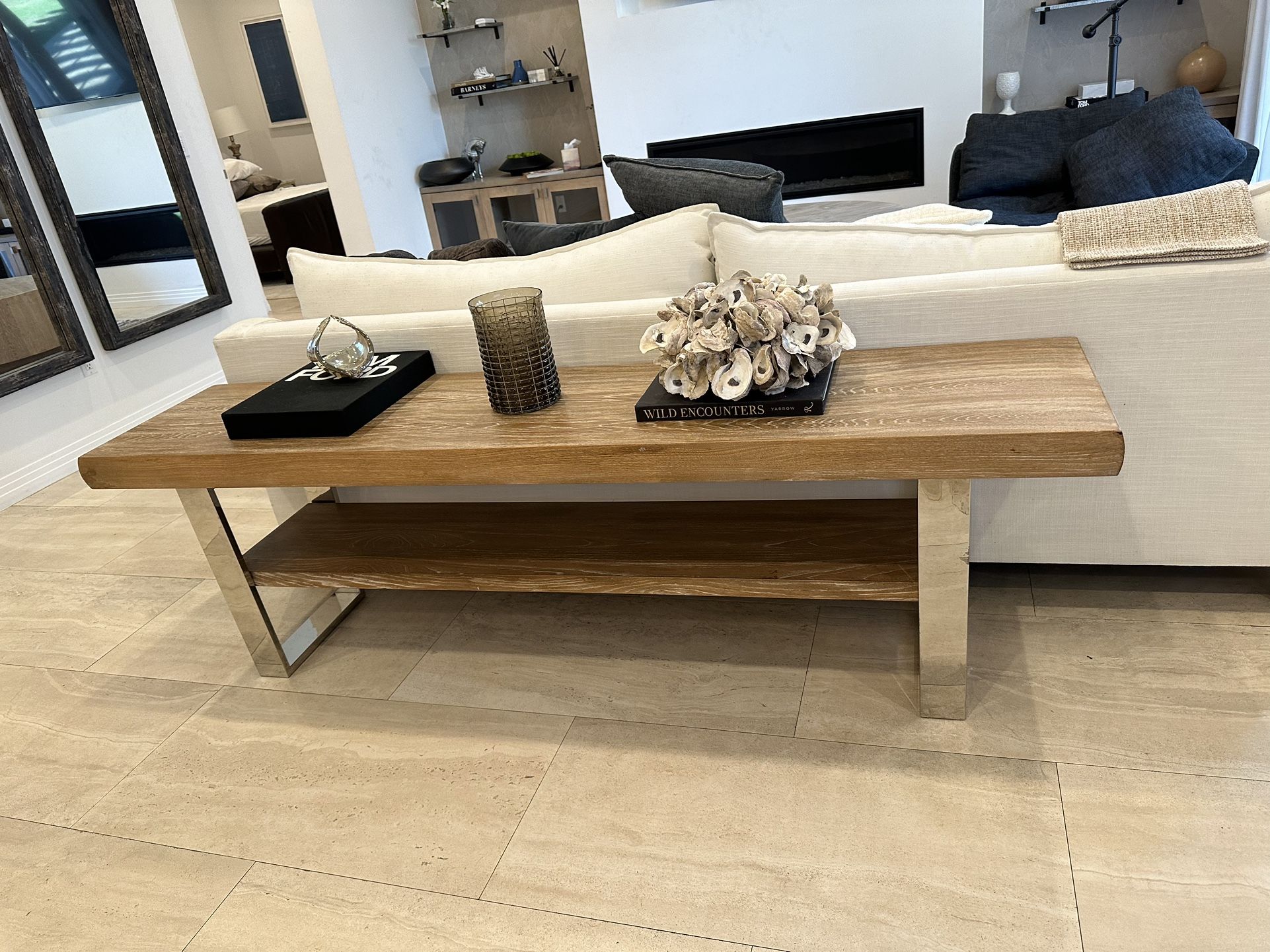 RH Style Sofa Console Table Wood And Chrome Silver Metal Legs