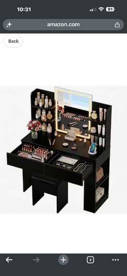 Furmax Vanity Desk with Mirror and LED Lights, Black with Bench