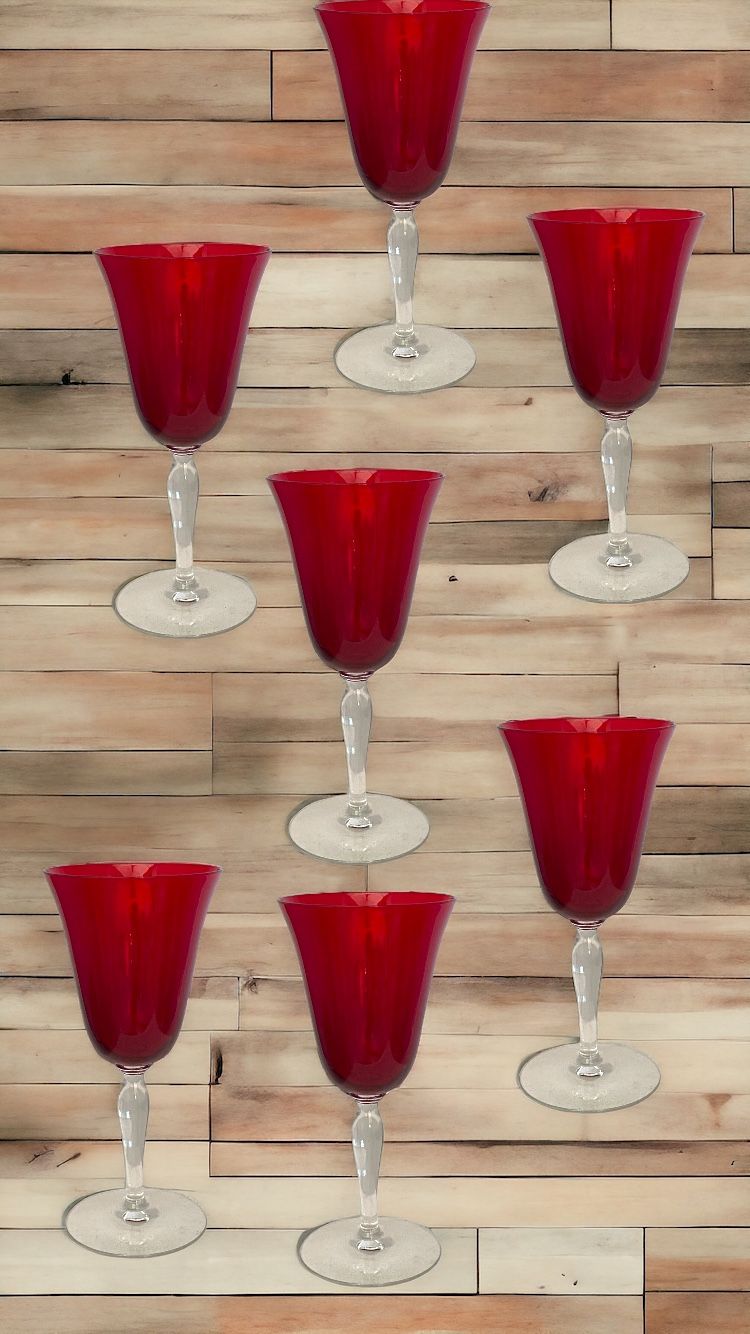 Set of 7 Collectible Vintage RUBY RED Blown Glass Water /Wine 7 3/8" Goblets - Estate Item