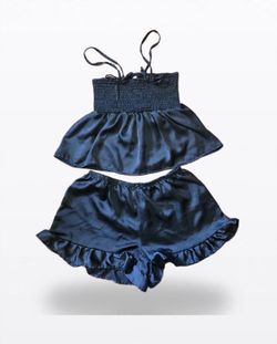 Black Silky Pajama Set Cami Top Ruffle Shorts Top S Bottoms M