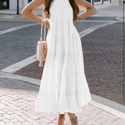 Medium  Casual Sleeveless Halter Maxi Dress Pleated Tiered Flowy Beach Vacation Long Dresses Sundress