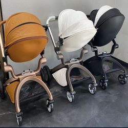 Hot  Mom Babye Stroller Reversible Luxury PU Leather Pram Brown 