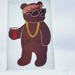 Iron On Heat Transfer  Good For T-shirts Sweaters Jackets T Shirt Design Size Is About 14x9 Cali Life Bear #541
