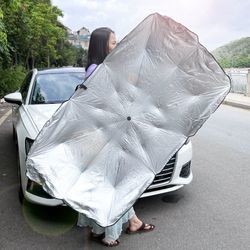 Foldable Umbrella Sun Shade Car Windshield Front Window Cover 1 Pc Coated Cloth Steel Bone Small Silver+Black