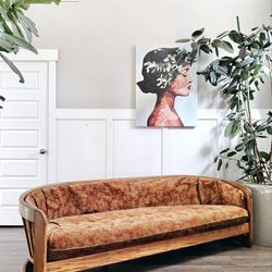 Vintage Mid Century Rust & Gold Textured Brocade Upholstered Bentwood Oak Spindle Back Gondola 5500 Group Sofa Couch w/Sled Base by Howard Furniture C