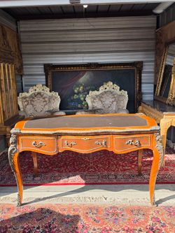 Antique 19th-C. French Napoleon III Style Louis XV Leather Bureau Plat Writing Desk (Circa 1890).