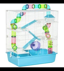 23" Hamster Cage~5-Tier w Tubes & Tunnels~Wheel, Water Bottle, Food Dish, Light Blue~Pawhut