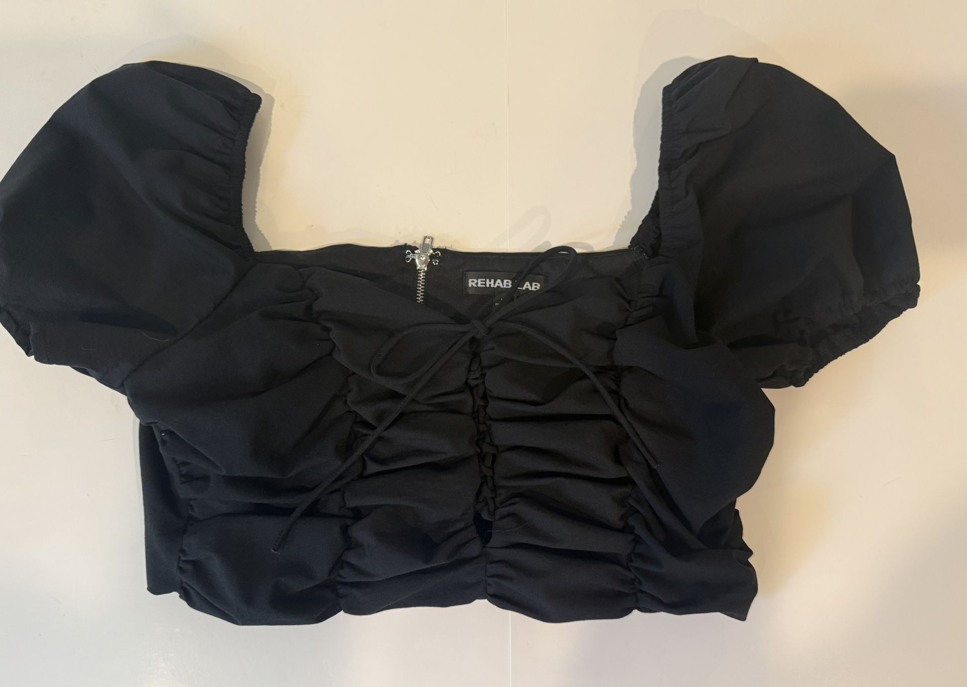 Black Crop Top with Puff Sleeves Size Tie Front Sz. Medium by Rehab Lab