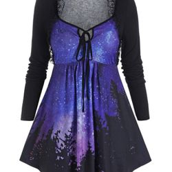 Plus Size Galaxy Lace Frilled Tie Tunic Top